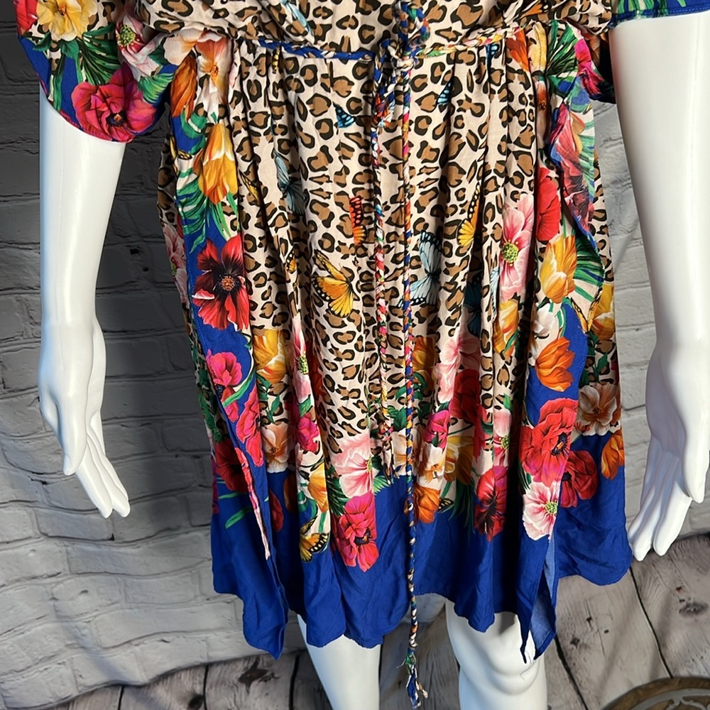 Johnny Was Fleur Kaftan Dress cover up with Braided Tie Large butterfly leopard - Picture 3 of 10